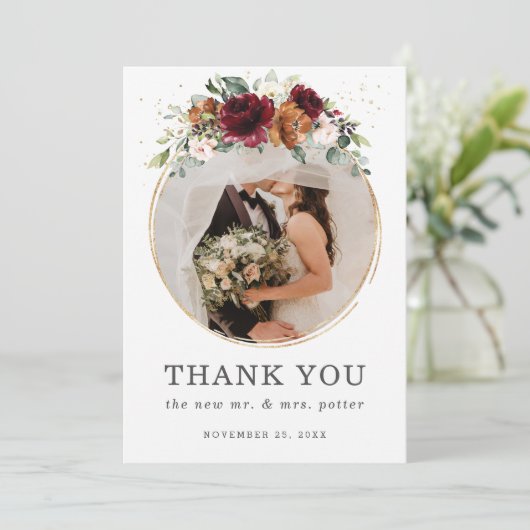 Chic Burgundy Orange Floral Wedding Foto Wedding Dankeskarte (Stehend Vorderseite)