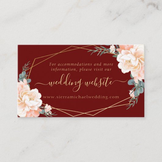 Chic Burgundy Peach Gold Floral Wedding Website Begleitkarte (Vorderseite)