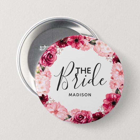 Chic Burgundy & Pink Blumenreath The Bridge Button (Vorne & Hinten)