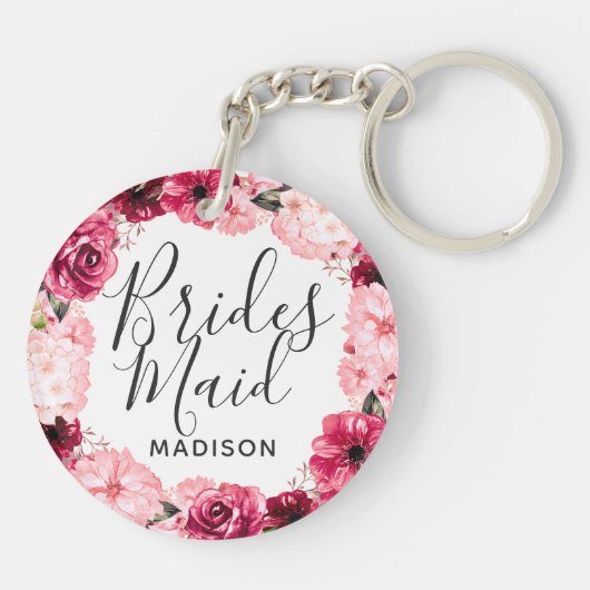 Chic Burgundy & Pink Blumenwerfer Bridesmaid Schlüsselanhänger (Rückseite)