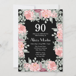 Chic Burgundy Pink Roses Flora Black 90. Geburtsta Einladung