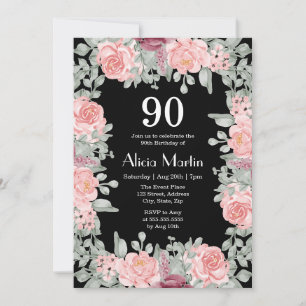 Chic Burgundy Pink Roses Flora Black 90. Geburtsta Einladung