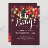 Chic Burgundy Red Floral String Lights Babydusche Einladung (Vorne/Hinten)