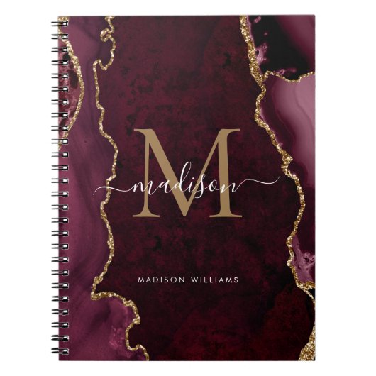 Chic Burgundy Red Gold Agate Geode Monogram Script Notizblock (Vorderseite)