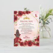 Chic Burgundy Red Gold Floral Prinzessin Quinceañe Dankeskarte (Stehend Vorderseite)