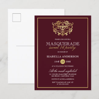 Chic Burgundy Red & Gold Masquerade Sweet 16 Party Einladungspostkarte