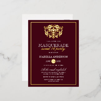 Chic Burgundy Red & Gold Masquerade Sweet 16 Party Folie Einladungspostkarte