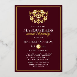Chic Burgundy Red & Gold Masquerade Sweet 16 Party Folieneinladung
