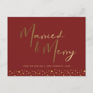 Chic Burgundy Red Gold Verheiratet und Merry Foto Feiertagspostkarte