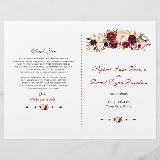 Chic Burgundy Red Marsala Floral Wedding Program (Vorderseite)