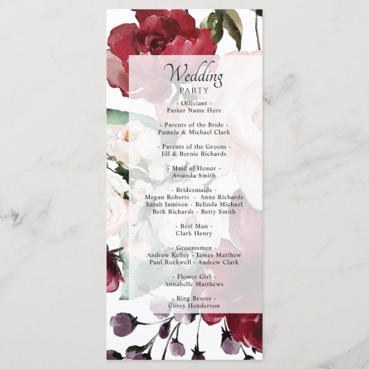 Chic Burgundy Red Violet Floral Wedding Zeremonie Programm (Rückseite)