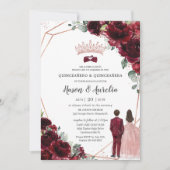 Chic Burgundy Rose Gold Twins Boy Girl Quinceanera Einladung (Vorderseite)