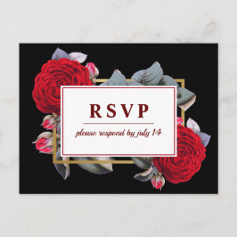 Chic Burgundy Rote Rose Blossom Black Wedding RSVP Einladungspostkarte