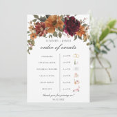 Chic Burgundy Rust Floral Wedding Order of Event Programm (Stehend Vorderseite)