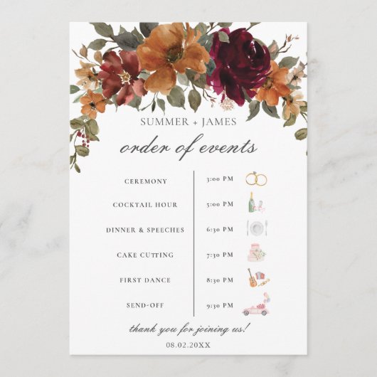 Chic Burgundy Rust Floral Wedding Order of Event Programm (Vorderseite)