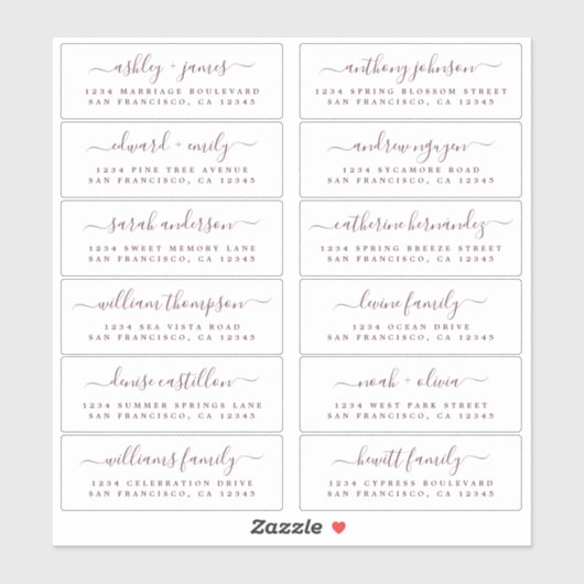 Chic Burgundy Script Wedding Guest Address Labels (Blatt)