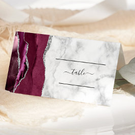 Chic Burgundy Silver Agate Marble Wedding Platzkarte