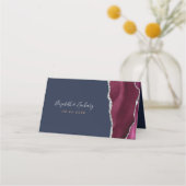 Chic Burgundy Silver Agate Navy Blue Wedding Table Platzkarte (Rückseite)