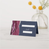 Chic Burgundy Silver Agate Navy Blue Wedding Table Platzkarte (Vorderseite)