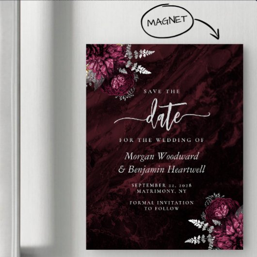 Chic Burgundy Silver Floral Wedding Save the Date Magneteinladung