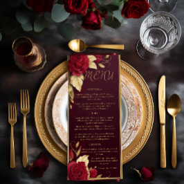 Chic Burgundy und Gold Spanische Red Wedding Menükarte