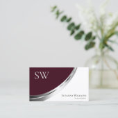 Chic Burgundy und White Silver Deco mit Monogramm Visitenkarte (Stehend Vorderseite)