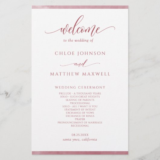 Chic Burgundy Watercolor Frame Wedding Program (Vorderseite)