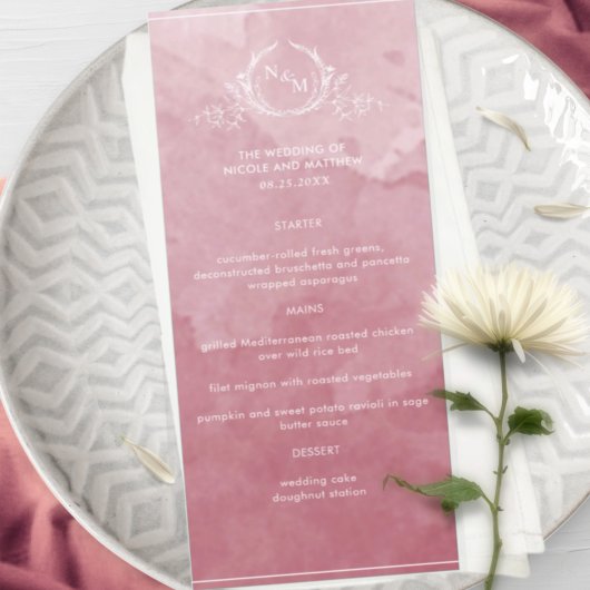 Chic Burgundy Watercolor, Monogram Wedding Menu Menükarte