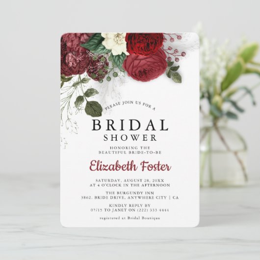 Chic Burgundy & White Floral Brautparty Einladung (Stehend Vorderseite)