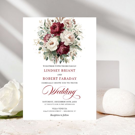 Chic Burgundy White Floral Eucalyptus Gold Wedding Einladung