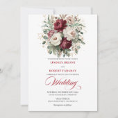 Chic Burgundy White Floral Eucalyptus Gold Wedding Einladung (Vorderseite)