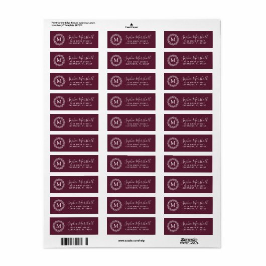 Chic Burgundy White Monogram Rücksendeadresse (Vorne)