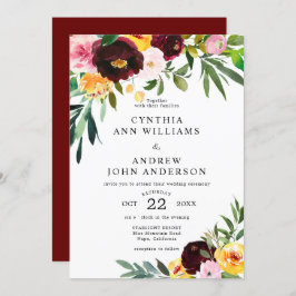 Chic Burgundy Yellow Watercolor Floral Wedding Einladung