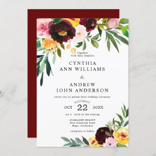 Chic Burgundy Yellow Watercolor Floral Wedding Einladung