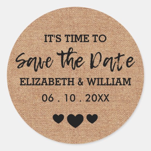 Chic Burlap Save the Date Stickers Herzhochzeit (Vorderseite)