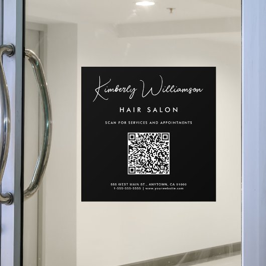 Chic Business Name Signature Script QR Code Black Fensteraufkleber