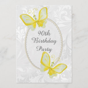 Chic Butterflies Damask 90. Geburtstag Doppelseiti Einladung