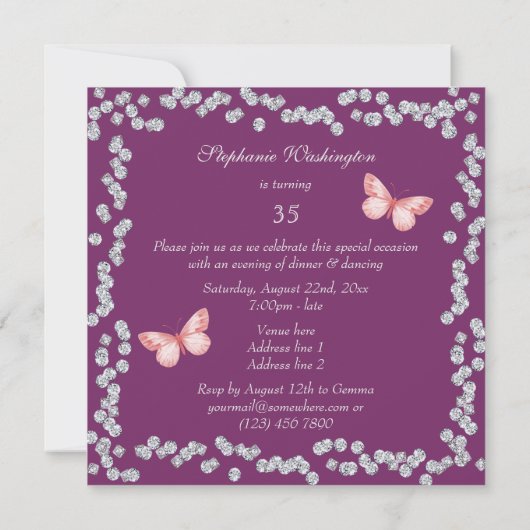 Chic Butterflies & Diamonds 35. Geburtstag Einladung (Rückseite)