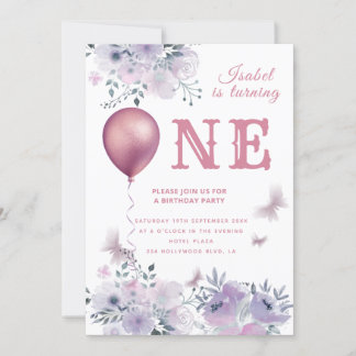 Chic Butterfly Blumenballon lilac 1. Geburtstag I Einladung