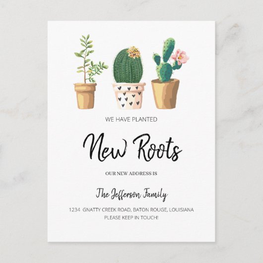 Chic Cactus Planted New Roots Moved Moving Ankündigungspostkarte (Vorderseite)