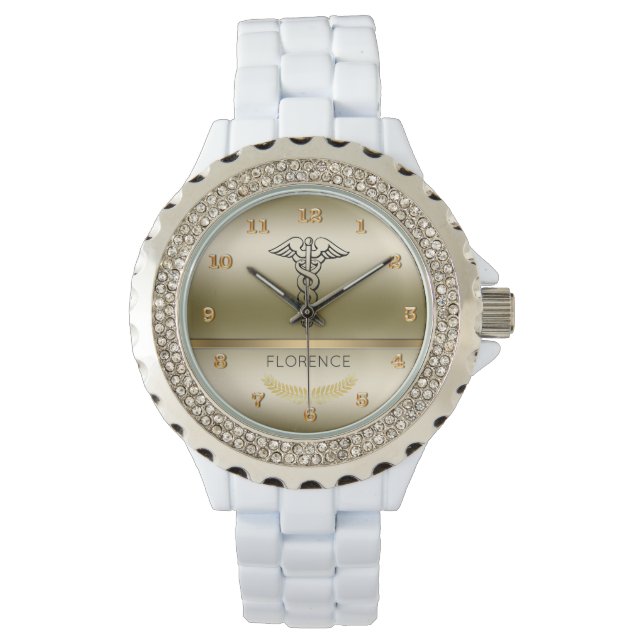 Chic Caduceus Symbol | RN Nurses Nursing Gold Glam Armbanduhr (Vorderseite)