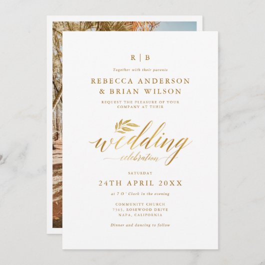 Chic Calligrafy Gold Foil Elegantes Foto Hochzeit Einladung (Vorne/Hinten)