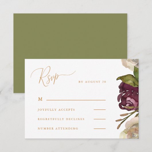 Chic Calligraphie mit floral Green Wedding Rsvp Karte (Vorne/Hinten)