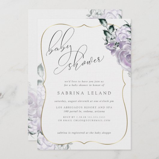Chic Calligraphy Baby Showlavender Floral Rose Einladung (Vorne/Hinten)
