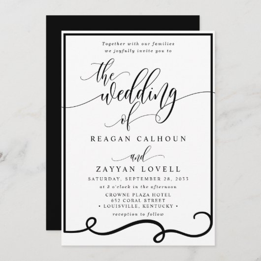 Chic Calligraphy Black and White Wedding Einladung (Vorne/Hinten)