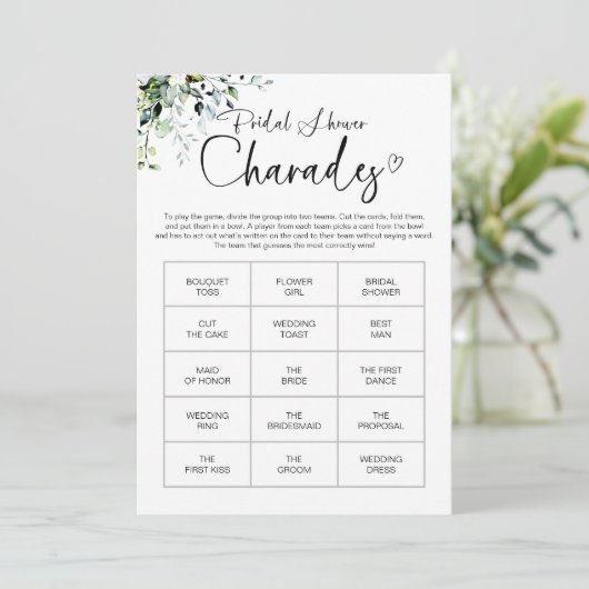 Chic Calligraphy Brautparty Charades Game Einladung (Stehend Vorderseite)