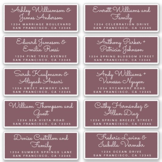 Chic Calligraphy Burgundy Guest Address Labels (Vorderseite)