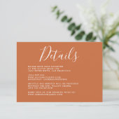Chic Calligraphy Burnt Orange Wedding Details Begleitkarte (Stehend Vorderseite)