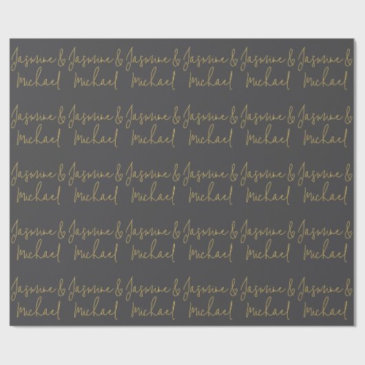 Chic Calligraphy Couple Names Gray & Gold Geschenkpapier (Flach)