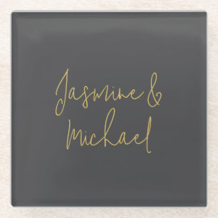 Chic Calligraphy Couple Names Gray & Gold Glasuntersetzer